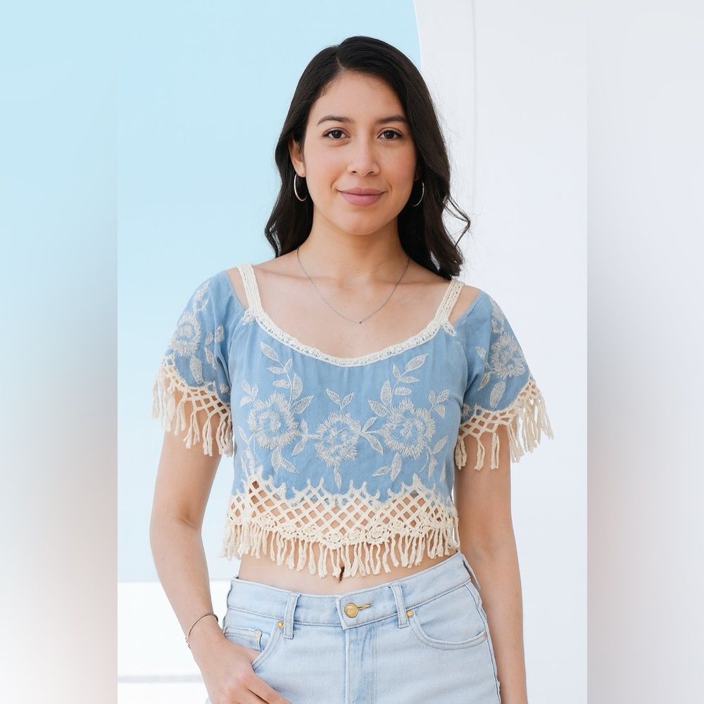 New Look Blue Boho Crochet Lace Trim Top l Size Medium | Floral Embroidered